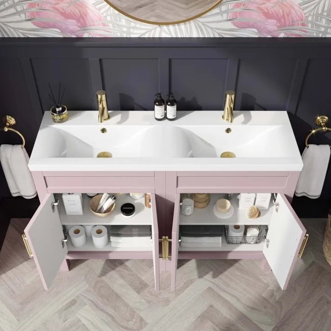Bermuda Cashmere Pink Double Basin Vanity 1200mm - Brass Knurled Handles