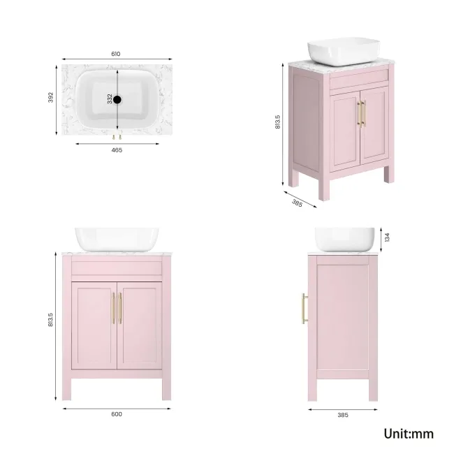 Bermuda Cashmere Pink Vanity with Marble Top & Curved Counter Top Basin 600mm - Brass Knurled Handles