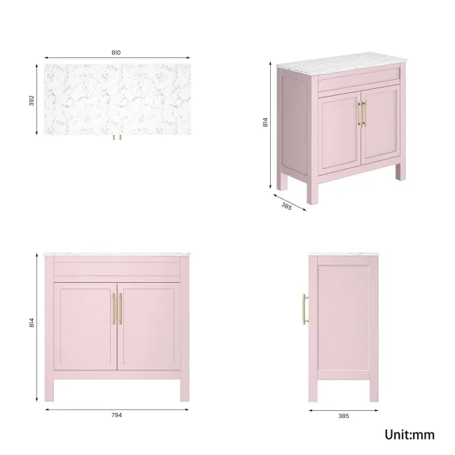 Bermuda Cashmere Pink Cabinet with Marble Top 800mm (Excludes Counter Top Basin) - Brass Knurled Handles