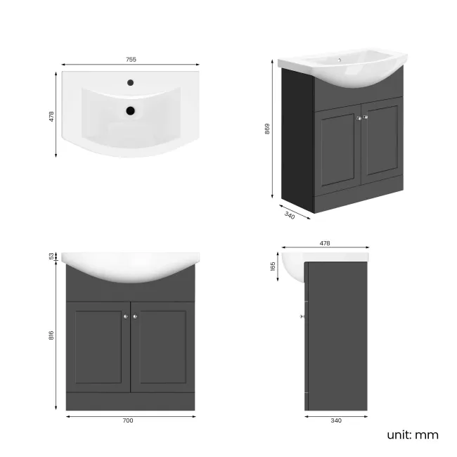 Capri Slate Grey Vanity with Semi Recessed Basin 750mm - Brushed Handles