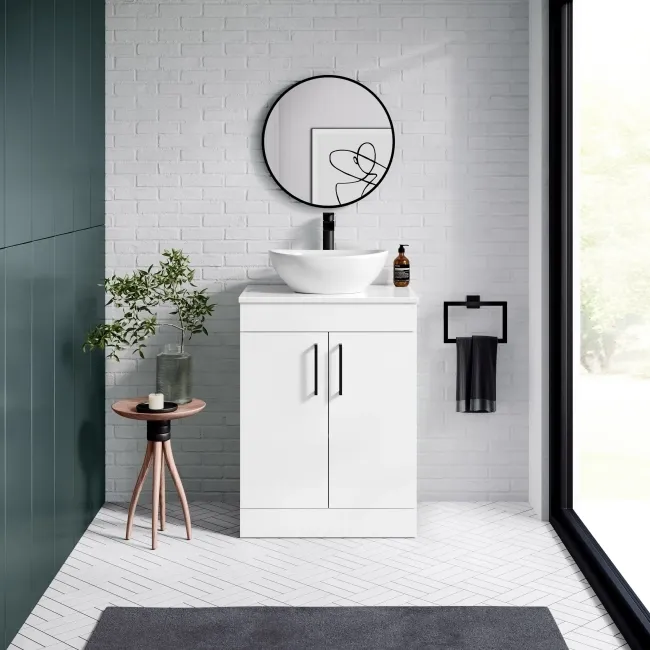 Mersey Gloss White Vanity with Oval Basin 600mm - Black Accents