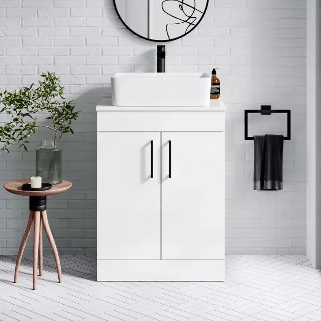 Mersey Gloss White Vanity with Troy Basin 600mm - Black Accents