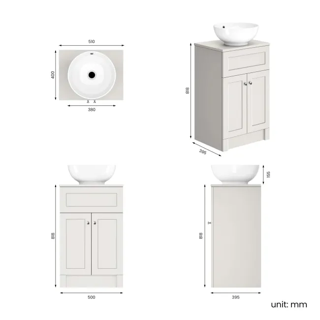 Milos Cotton White Vanity with Mesa Basin 500mm - Brushed Handles