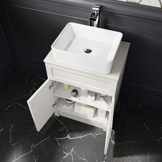Milos Cotton White Vanity with Troy Basin 600mm - Traditional Handles
