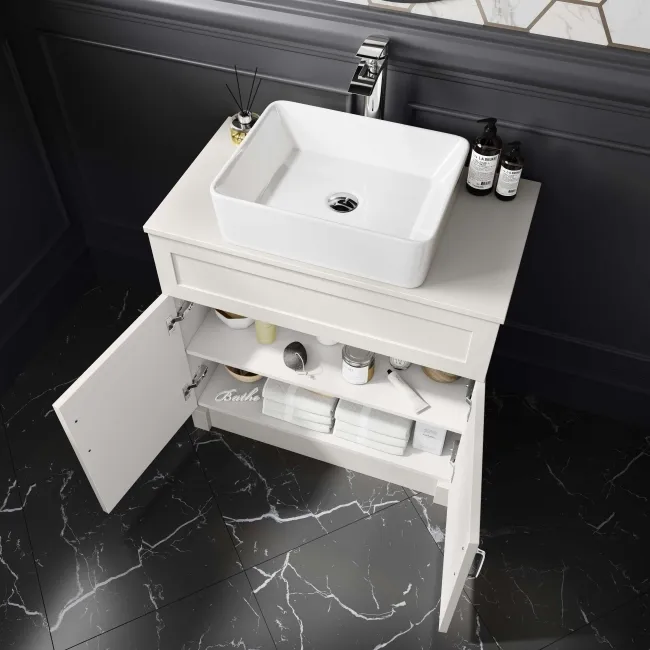 Milos Cotton White Vanity with Troy Basin 800mm - Traditional Handles