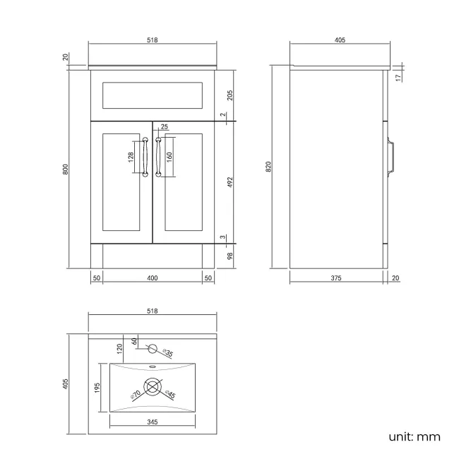 Milos Fog Grey Basin Vanity 500mm - Traditional Handles