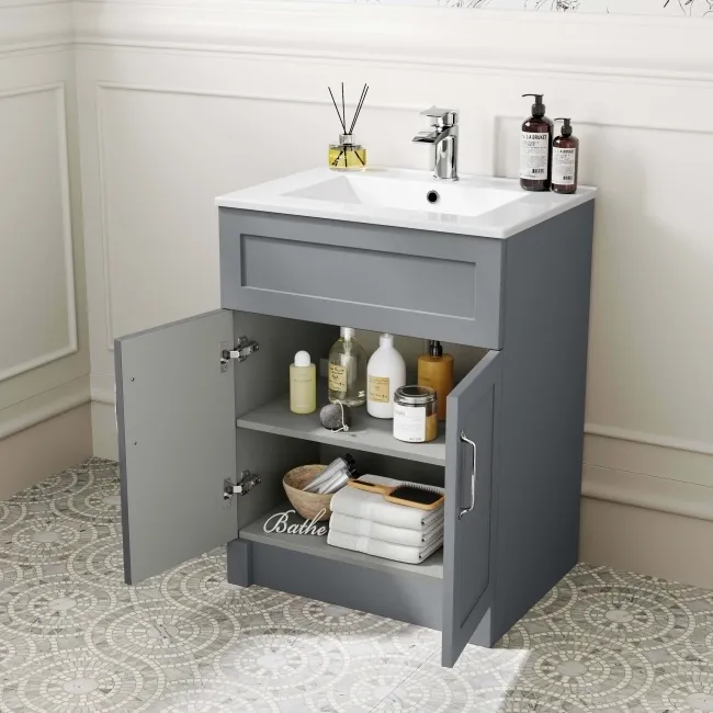 Milos Fog Grey Basin Vanity 600mm - Traditional Handles