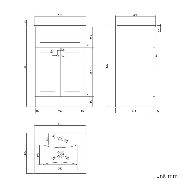 Milos Slate Grey Basin Vanity 500mm - Chrome Handles