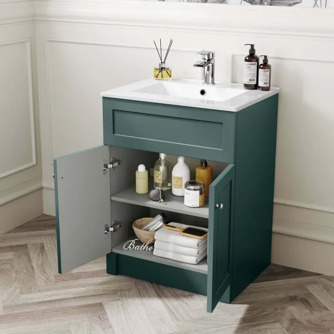 Milos Mystic Green Basin Vanity 600mm - Brushed Handles