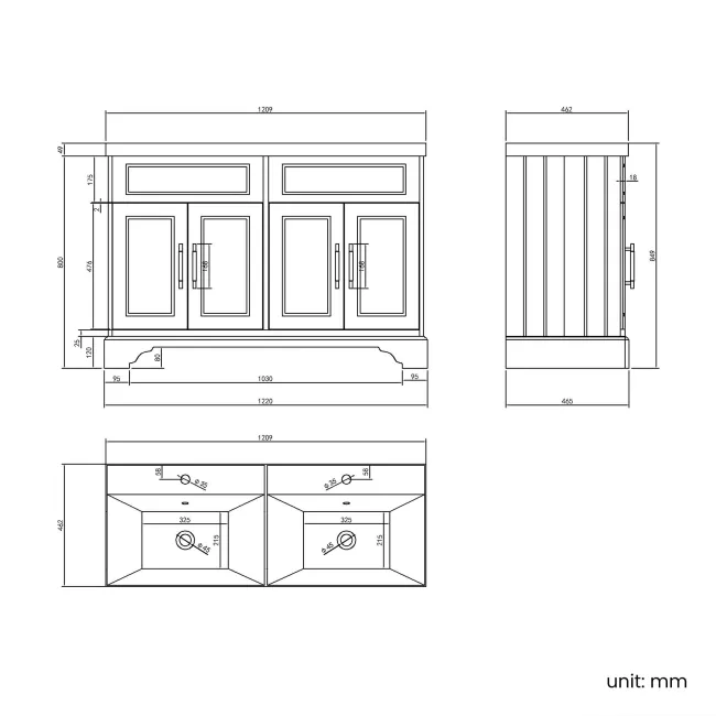 Lucia Chalk White Double Basin Vanity 1200mm - Brass Knurled Handles