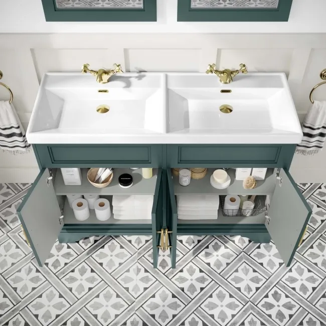 Lucia Midnight Green Double Basin Vanity 1200mm - Brass Knurled Handles