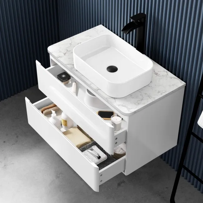 Corsica Gloss White Wall Hung Drawer Vanity with Marble Top & Marin Basin 800mm