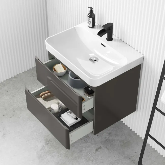 Corsica Tungsten Grey Wall Hung Basin Drawer Vanity 600mm