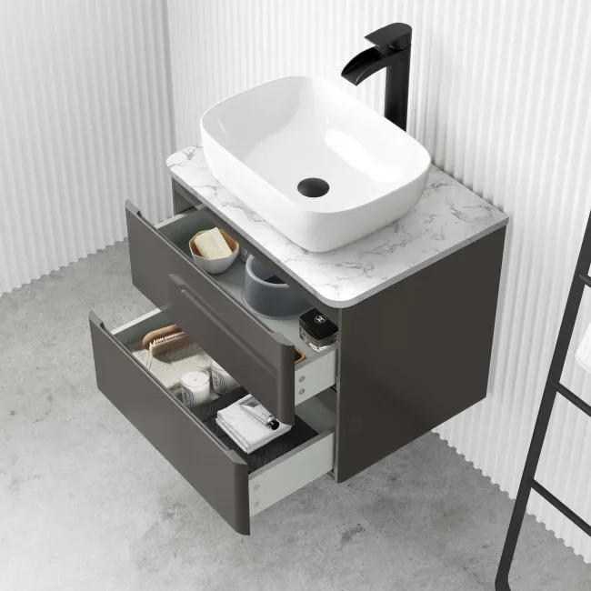 Corsica Tungsten Grey Wall Hung Drawer Vanity with Marble Top & Curved Counter Top Basin 600mm