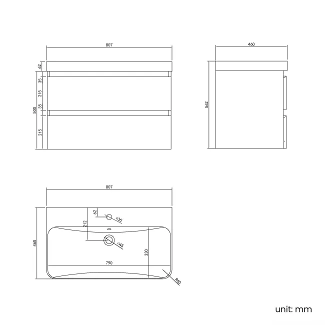 Corsica Tungsten Grey Wall Hung Basin Drawer Vanity 800mm