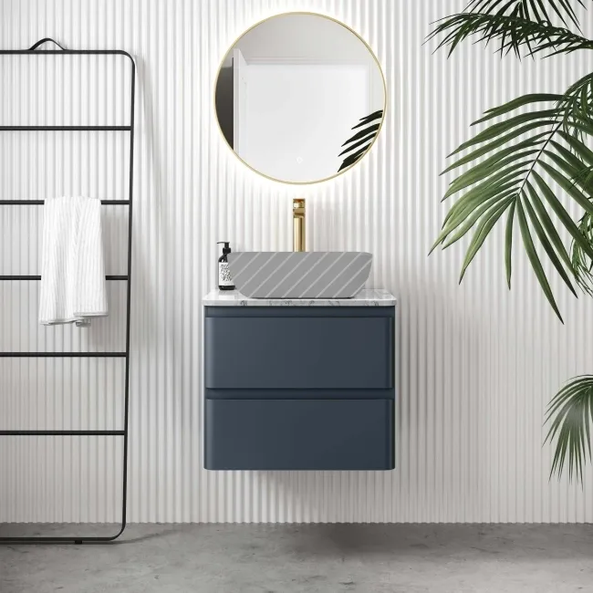 Corsica Inky Blue Wall Hung Drawer Vanity with Marble Top 600mm - Excludes Counter Top Basin