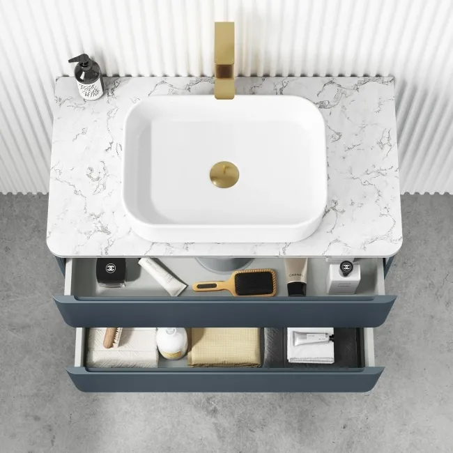 Corsica Inky Blue Wall Hung Drawer Vanity with Marble Top & Marin Basin 800mm