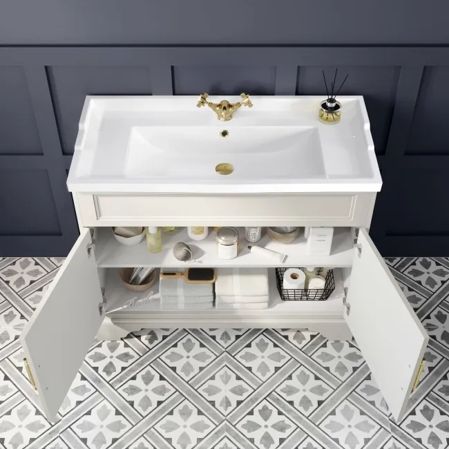 Lucia Chalk White Basin Vanity 1030mm - Brass Knurled Handles