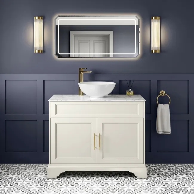 Lucia Chalk White Vanity with Marble Top & Round Counter Top Basin 1030mm - Brass Knurled Handles