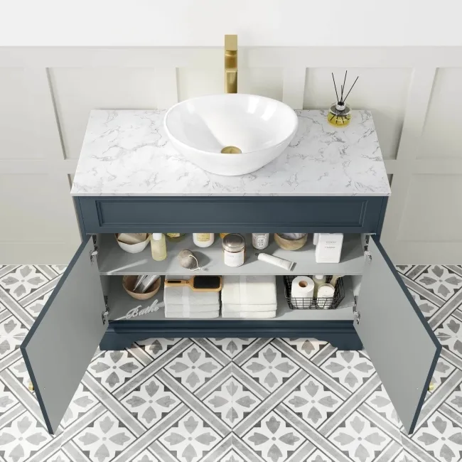 Lucia Inky Blue Vanity with Marble Top & Oval Counter Top Basin 1030mm - Brushed Brass Accents
