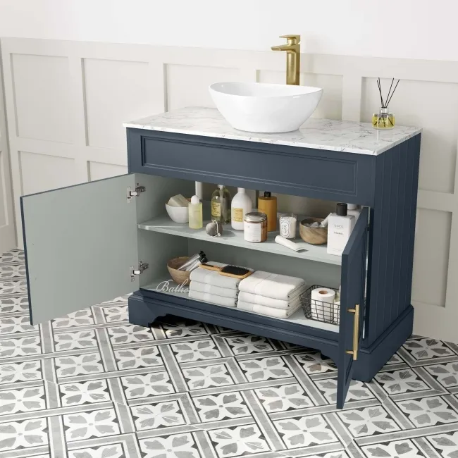 Lucia Inky Blue Vanity with Marble Top & Oval Counter Top Basin 1030mm - Brass Knurled Handles