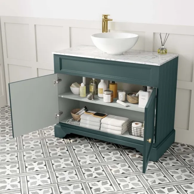 Lucia Midnight Green Vanity with Marble Top & Round Counter Top Basin 1030mm - Brushed Brass Accents