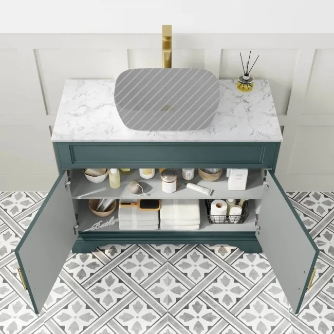 Lucia Midnight Green Cabinet with Marble Top 1030mm (Excludes Counter Top Basin) - Brass Knurled Handles