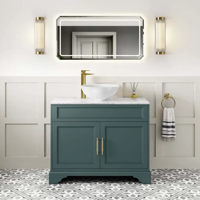 Lucia Midnight Green Vanity with Marble Top & Round Counter Top Basin 1030mm - Brass Knurled Handles