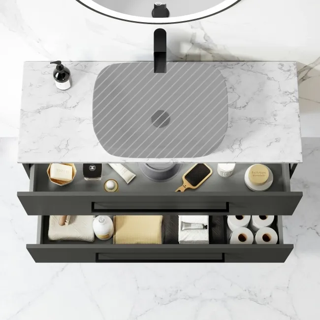 Elba Graphite Grey Wall Hung Drawer Vanity 1000mm Excludes Counter Top Basin - Black Accents