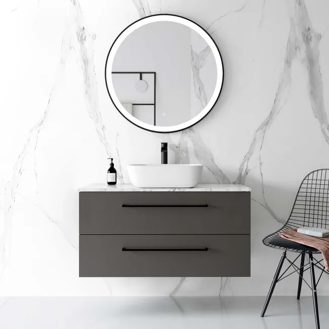 Elba Graphite Grey Wall Hung Drawer Vanity with Marble Top & Curved Counter Top Basin 1000mm - Black Accents