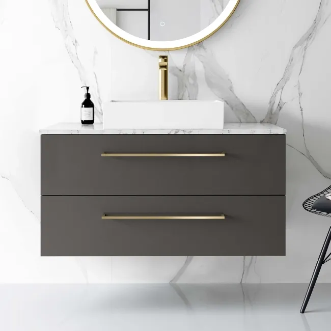 Elba Graphite Grey Wall Hung Drawer Vanity with Marble Top & Cody Basin 1000mm - Brushed Brass Accents