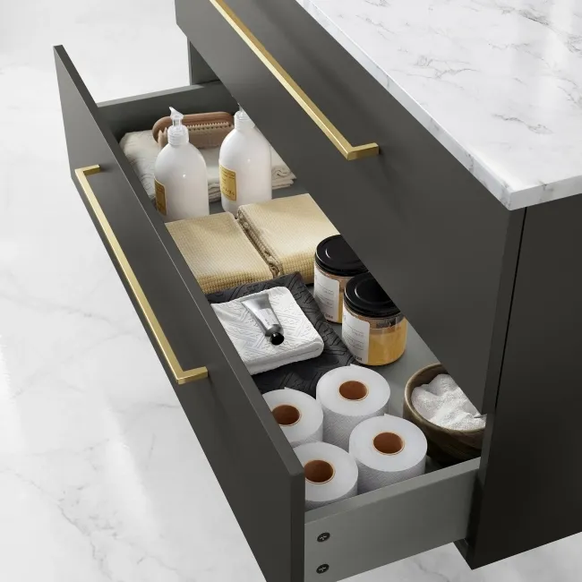Elba Graphite Grey Wall Hung Drawer Vanity with Marble Top & Cody Basin 1000mm - Brushed Brass Accents