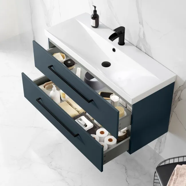 Elba Inky Blue Wall Hung Basin Drawer Vanity 1000mm - Black Accents