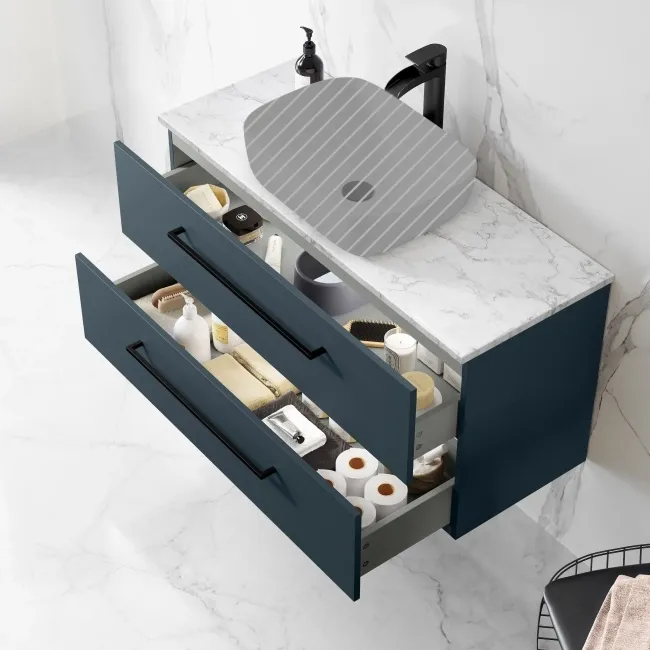 Elba Inky Blue Wall Hung Drawer Vanity 1000mm Excludes Counter Top Basin - Black Accents