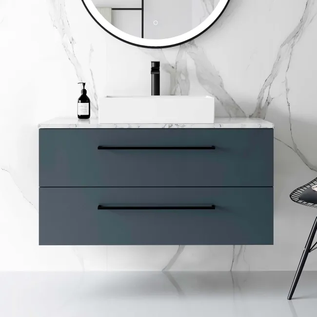 Elba Inky Blue Wall Hung Drawer Vanity with Marble Top & Cody Basin 1000mm - Black Accents