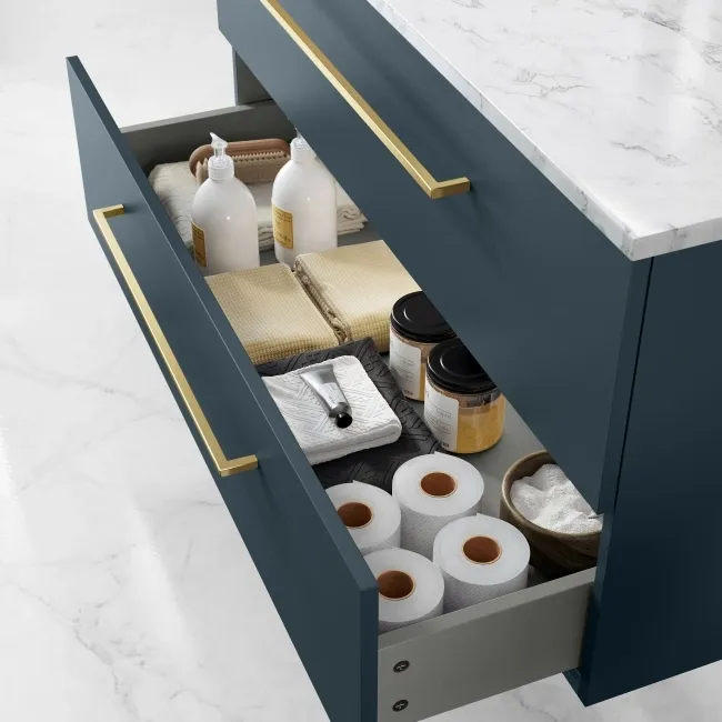 Elba Inky Blue Wall Hung Drawer Vanity 1000mm Excludes Counter Top Basin - Brushed Brass Accents