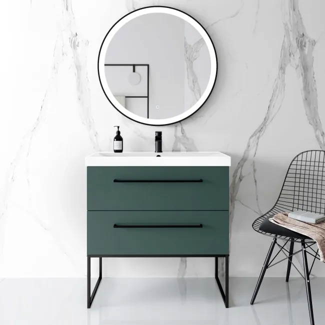 Elba Midnight Green Wall Hung Basin Drawer Vanity 800mm with Matt Black Stand