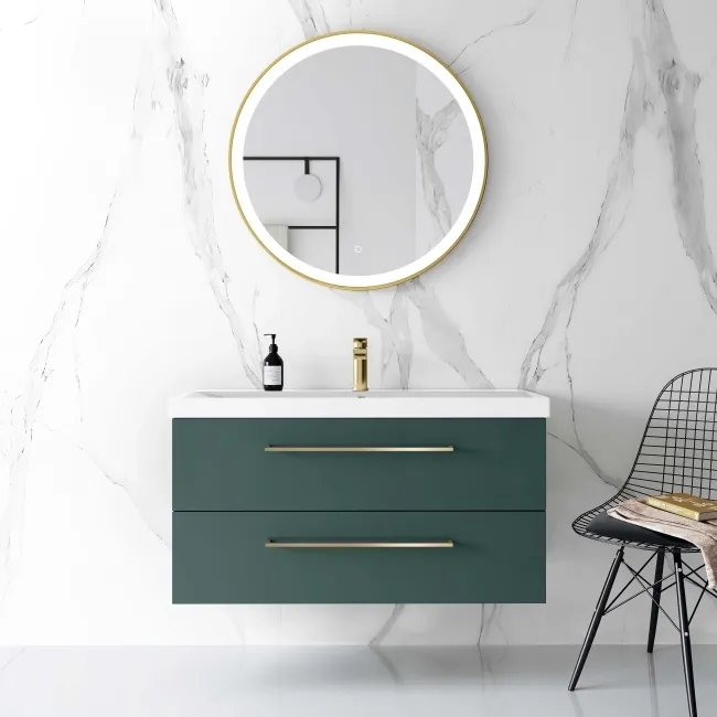 Elba Midnight Green Wall Hung Basin Drawer Vanity 1000mm - Brushed Brass Accents
