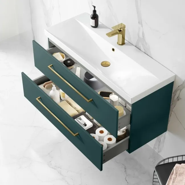 Elba Midnight Green Wall Hung Basin Drawer Vanity 1000mm - Brushed Brass Accents