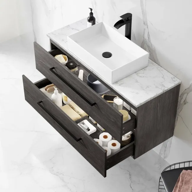 Elba Charcoal Elm Wall Hung Drawer Vanity with Marble Top & Cody Basin 1000mm - Black Accents