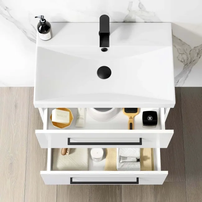 Elba Gloss White Wall Hung Basin Drawer Vanity 600mm with Matt Black Stand