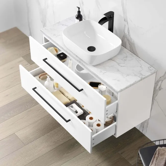 Elba Gloss White Wall Hung Drawer Vanity with Marble Top & Curved Counter Top Basin 1000mm - Black Accents
