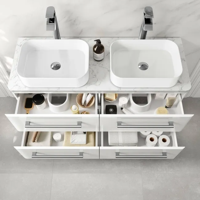Omaha Gloss White Wall Hung Drawer Vanity with Marble Top & Marin Basin 1200mm