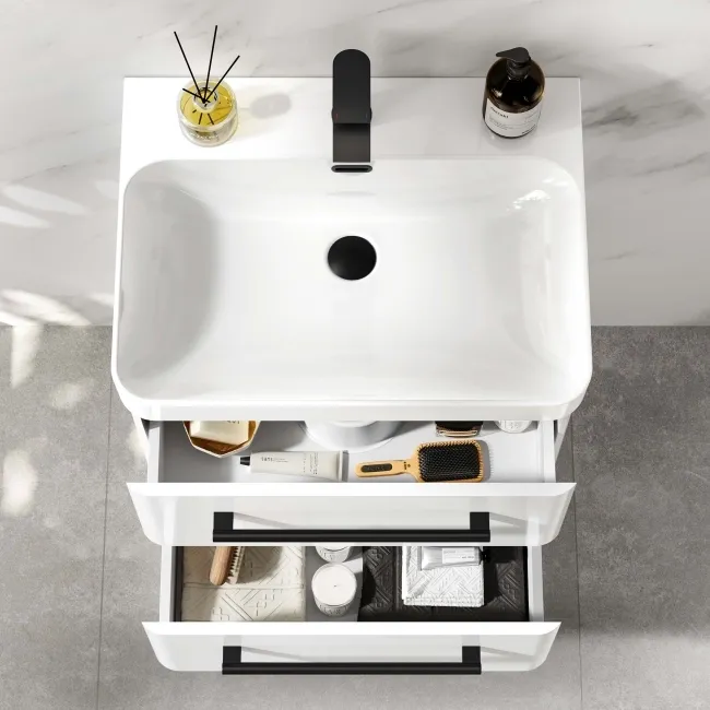 Omaha Gloss White Wall Hung Basin Drawer Vanity 600mm - Black Accents