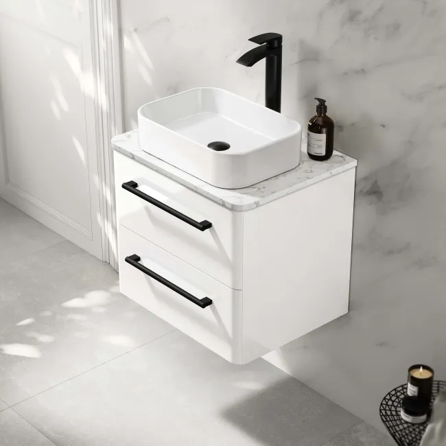 Omaha Gloss White Wall Hung Drawer Vanity with Marble Top & Marin Basin 600mm - Black Accents