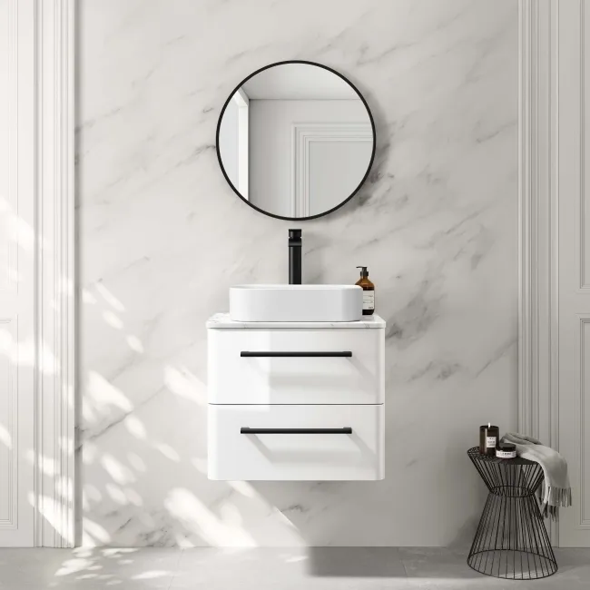 Omaha Gloss White Wall Hung Drawer Vanity with Marble Top & Marin Basin 600mm - Black Accents