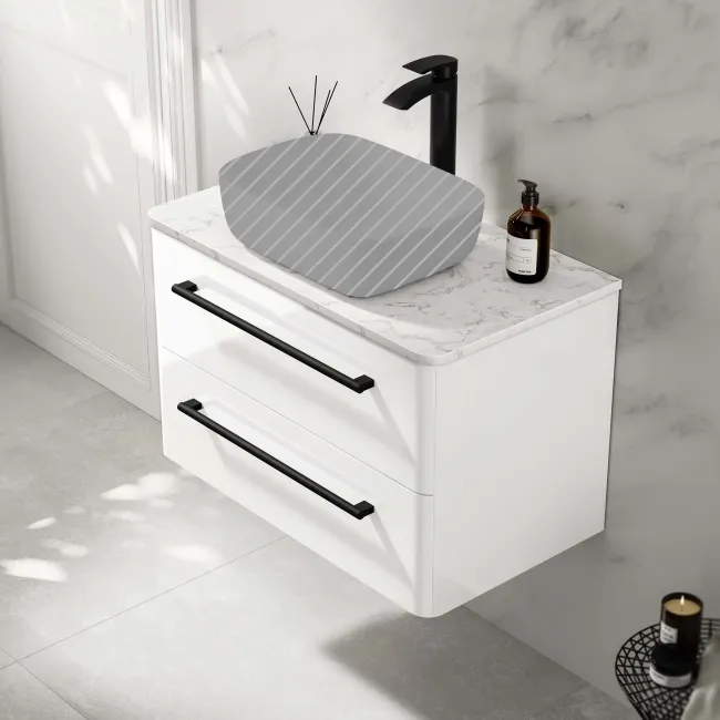 Omaha Gloss White Wall Hung Drawer Vanity with Marble Top 800mm (Excludes Counter Top Basin) - Black Accents