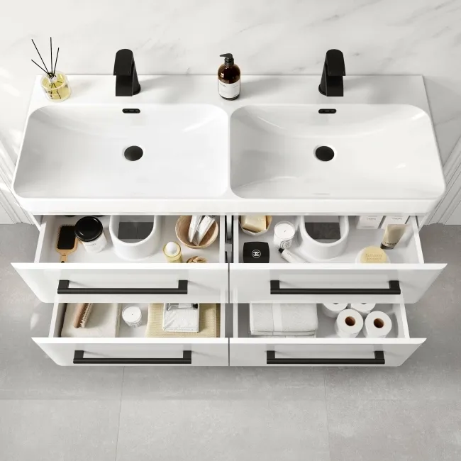 Omaha Gloss White Wall Hung Double Basin Drawer Vanity 1200mm - Black Accents
