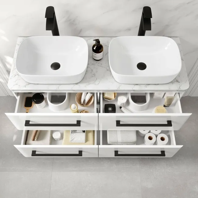 Omaha Gloss White Wall Hung Drawer Vanity with Marble Top & Curved Counter Top Basin 1200mm - Black Accents