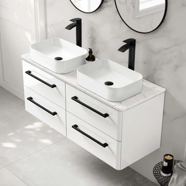 Omaha Gloss White Wall Hung Drawer Vanity with Marble Top & Marin Basin 1200mm - Black Accents